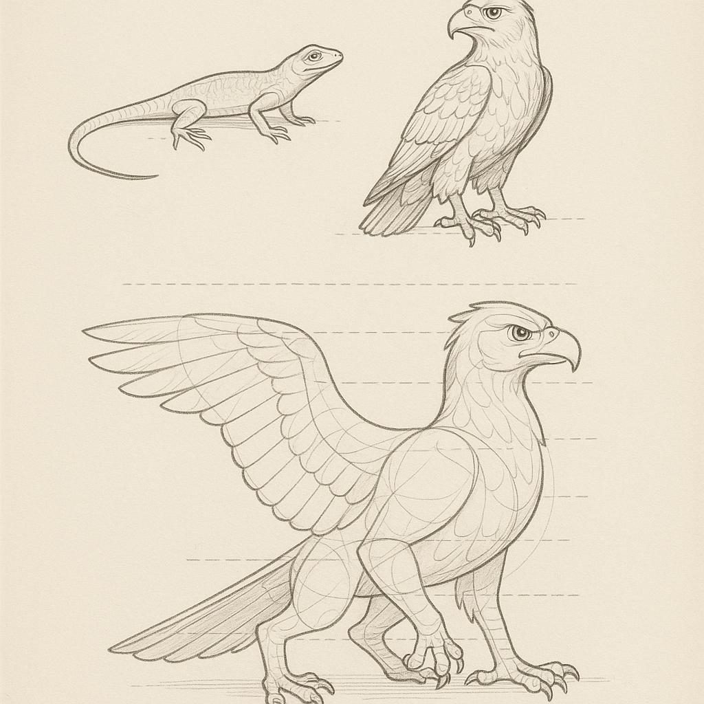 A fantasy creature built by merging two real animals, with the construction lines visible