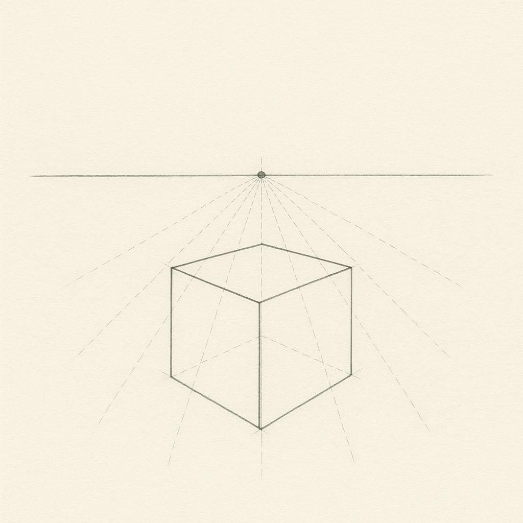 One-point perspective with horizon, vanishing point and a box built on the converging lines