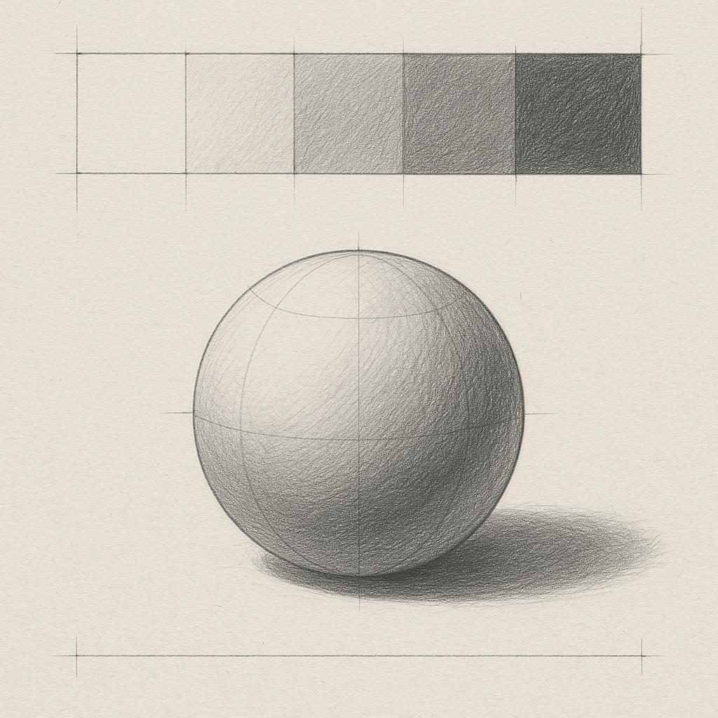 Five tones of grey and the same scale applied to a sphere
