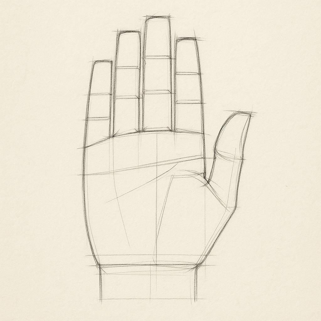 Constructing the hand: the palm as a square, the fingers three quarters the height of the palm, the arch of the knuckles