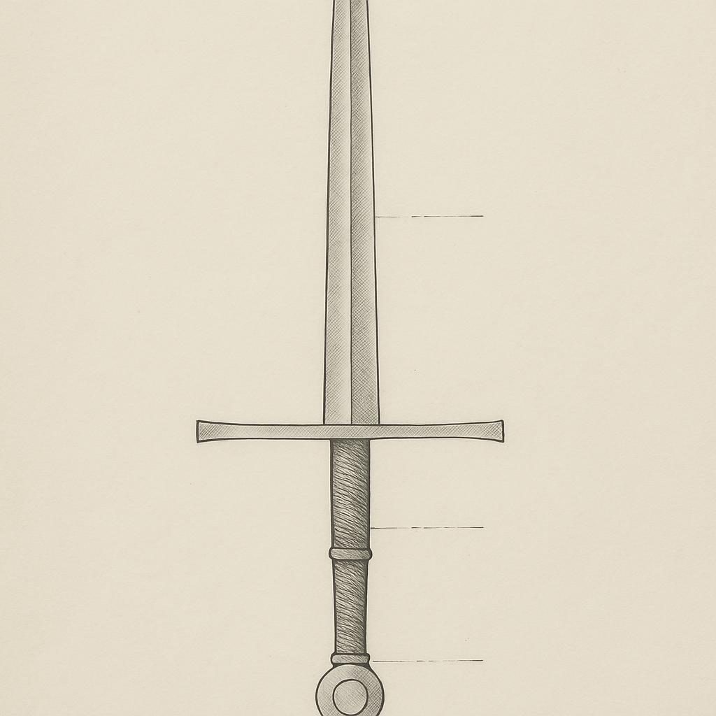 A sword broken down into its parts: blade, guard, grip, pommel